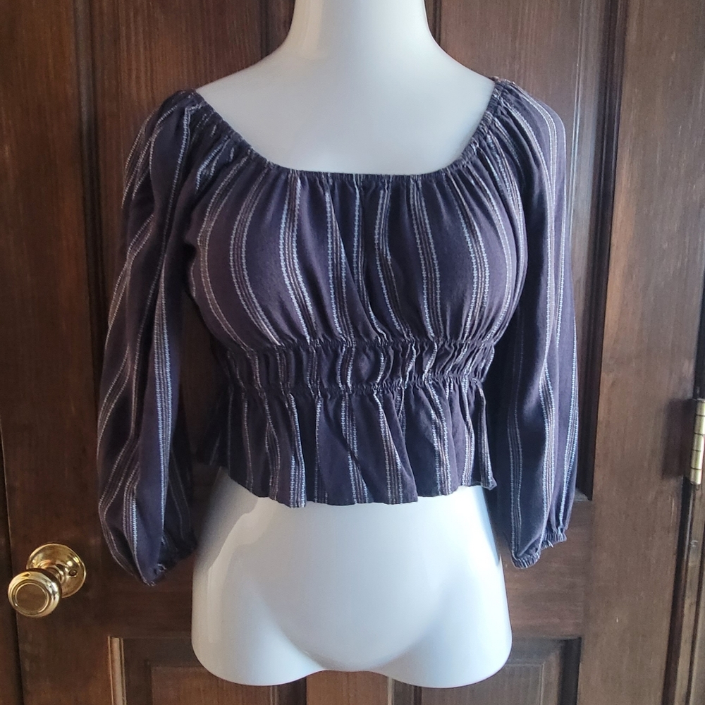 Fika the Brand Sz M Crop Peasant Top P2P 17 L 16 Blue White